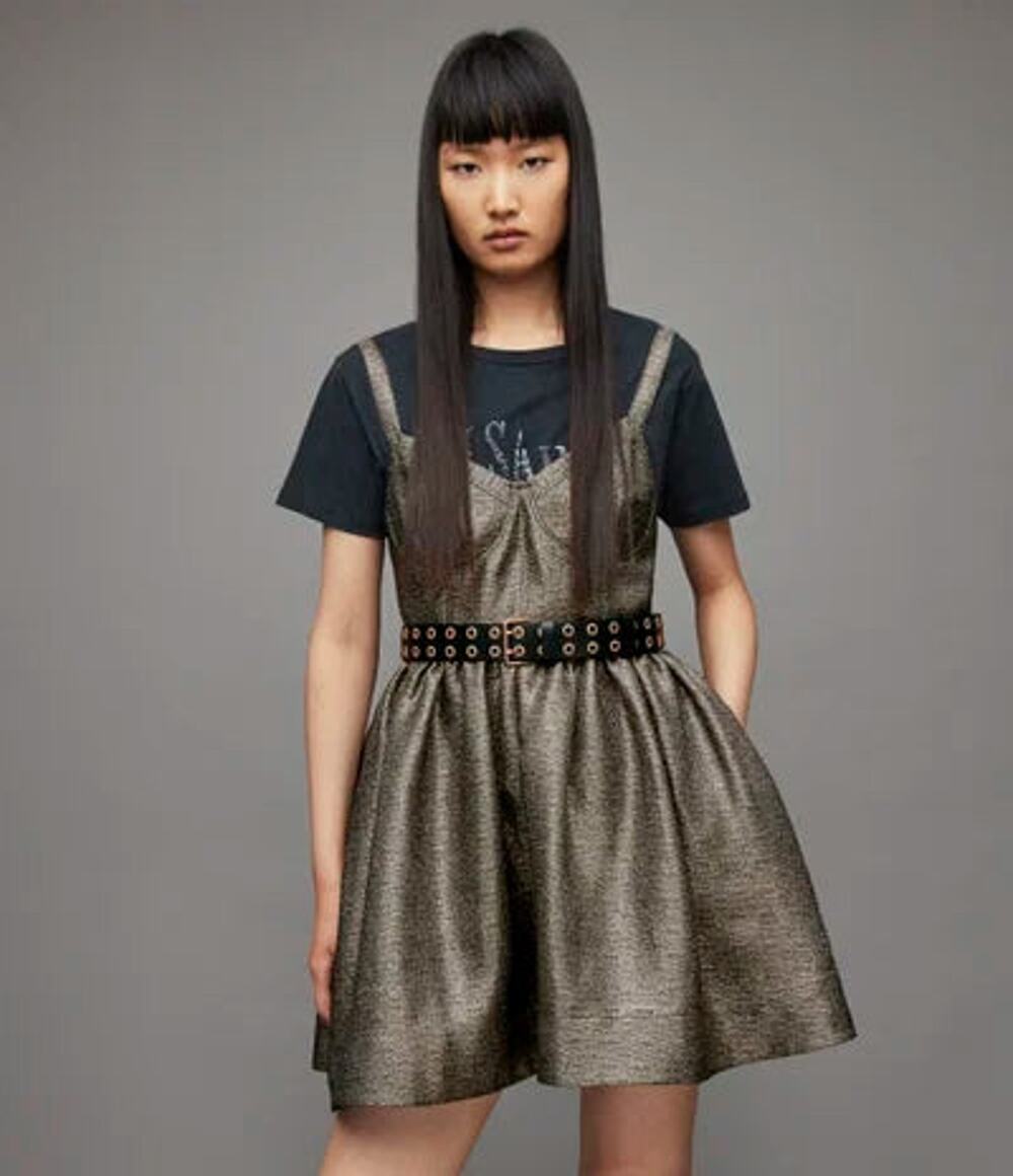 NWT All Saints Aimsie Corset Pleated Fit & Flare Mini Dress Metallic Gold US 2